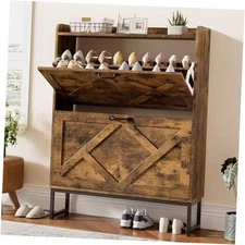  Shoe Cabinet Organizer with 2 Flip Drawers, Rustic Brown 2-Drawers