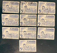 CANADA postage stamps lot of 10 old 5 cents 1957 swimming