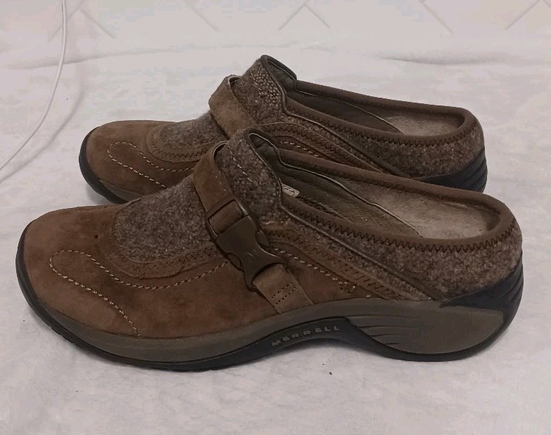Merrell Cuscino Aria Donna Mules Taglia 7 5 Fibbia Marrone Lato Manca Inserto Piede