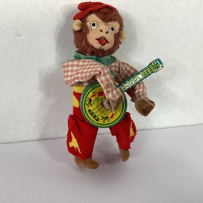 Antique Wind-Up Banjo Monkey metal toy collectible read description