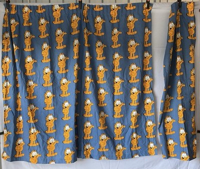 Vintage Paar Garfield die Katze blau Baumwolle Vorhänge 64  x 54  Stoff Retro