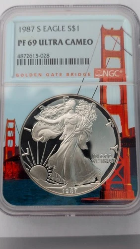 1987-S United States Proof American Silver Eagle, NGC PF69, Golden Gate Label