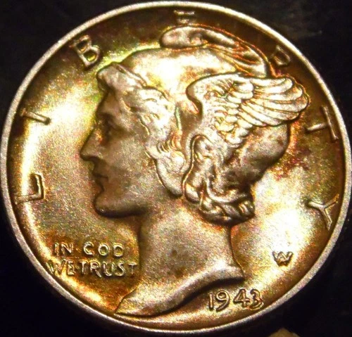 1943-P Mercury Dime Gem BU Uncirculated Rainbow Toned