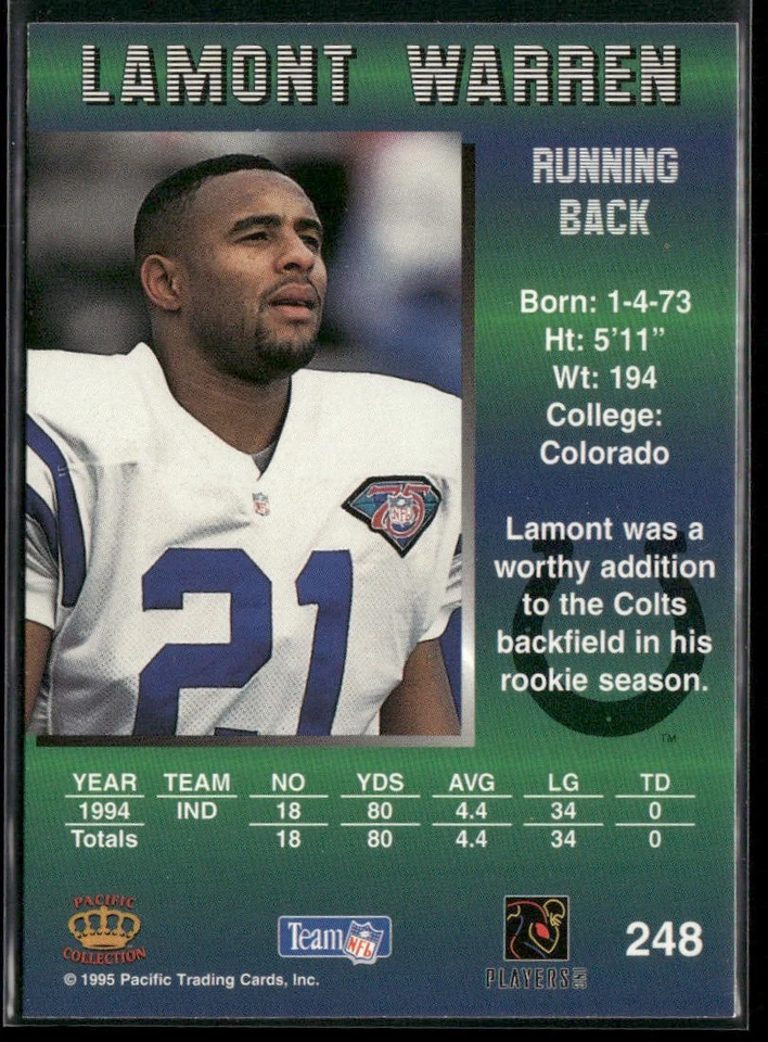 Lamont Warren 1995 Pacific #248 Indianapolis Colts - Image 2 of 2