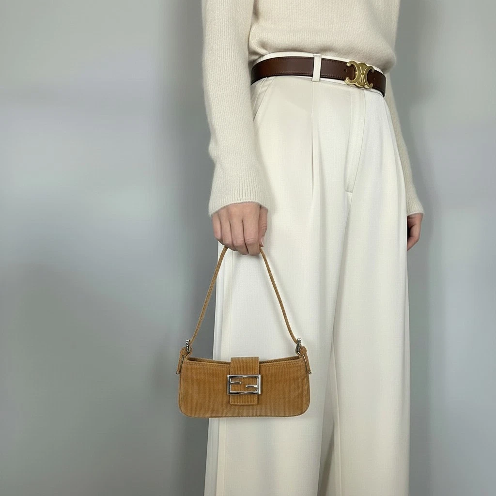 Fendi — FENDI Mamma Baguette Shoulder Bag Brown Beige Corduroy
