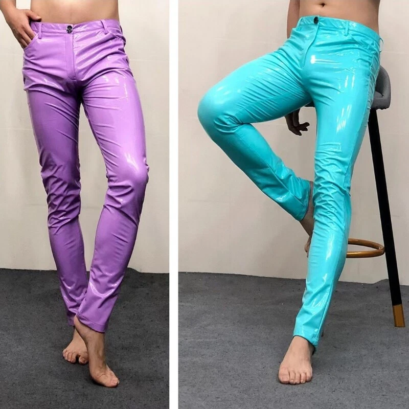 Men Faux Leather Pants Metallic Shiny Wet Look Skinny Trousers Clubwear Fashion