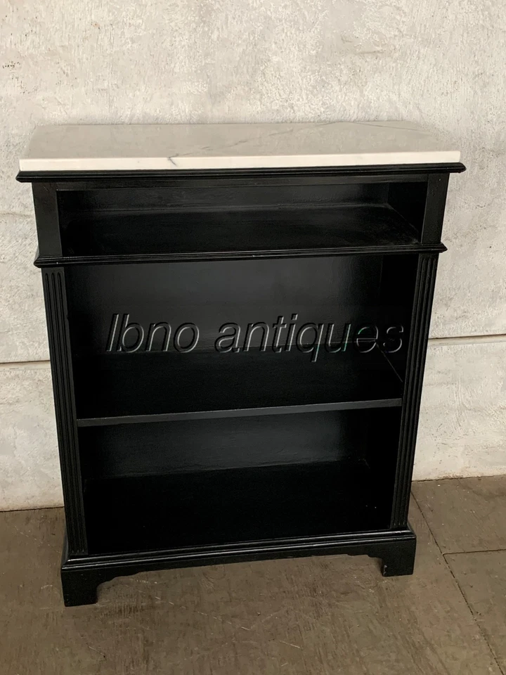 1940s BLACK LACQUERED WOODEN PETITE BOOKCASE W/ MARBLE TOP. BOOKS /VINYL STORAGE - Image 2 of 4