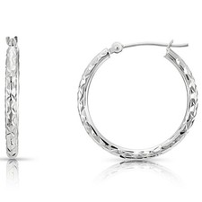 14K Solid White Gold Hand Engraved X Diamond-Cut Round Hoop Earrings All Sizes