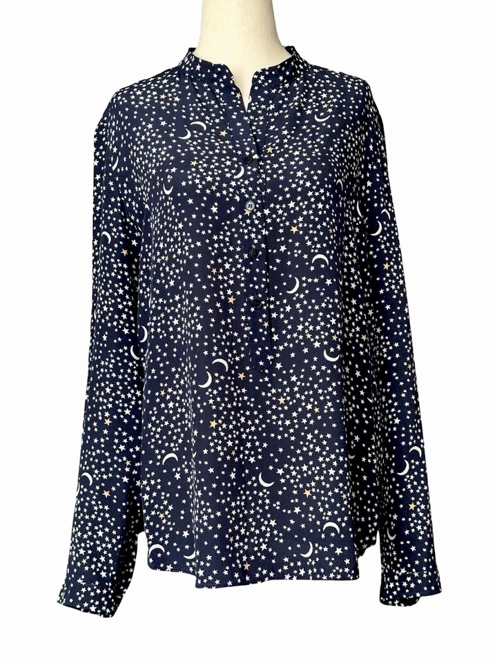 Blusa de seda con estampado de luna y estrellas Stella McCartney talla 8 42 azul marino manga larga Foto 2 de 4