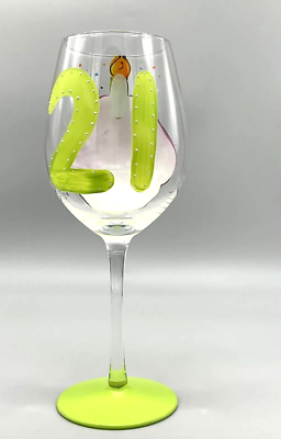 Hand Painted 21st Birthday Wine Glass Cupcake w/Candle Design Pink & Green  NEW | eBay