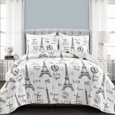 LUSH DECOR 3 PIECE FULL/QUEEN COTTON QUILT SET STYLE PARIS BONJOUR COLOR WHITE