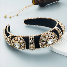 LUXURY HANDMADE BLACK/CLEAR RHINESTONE HEADBAND HAIR ACCESSORY, BRIDAL OR RACES
