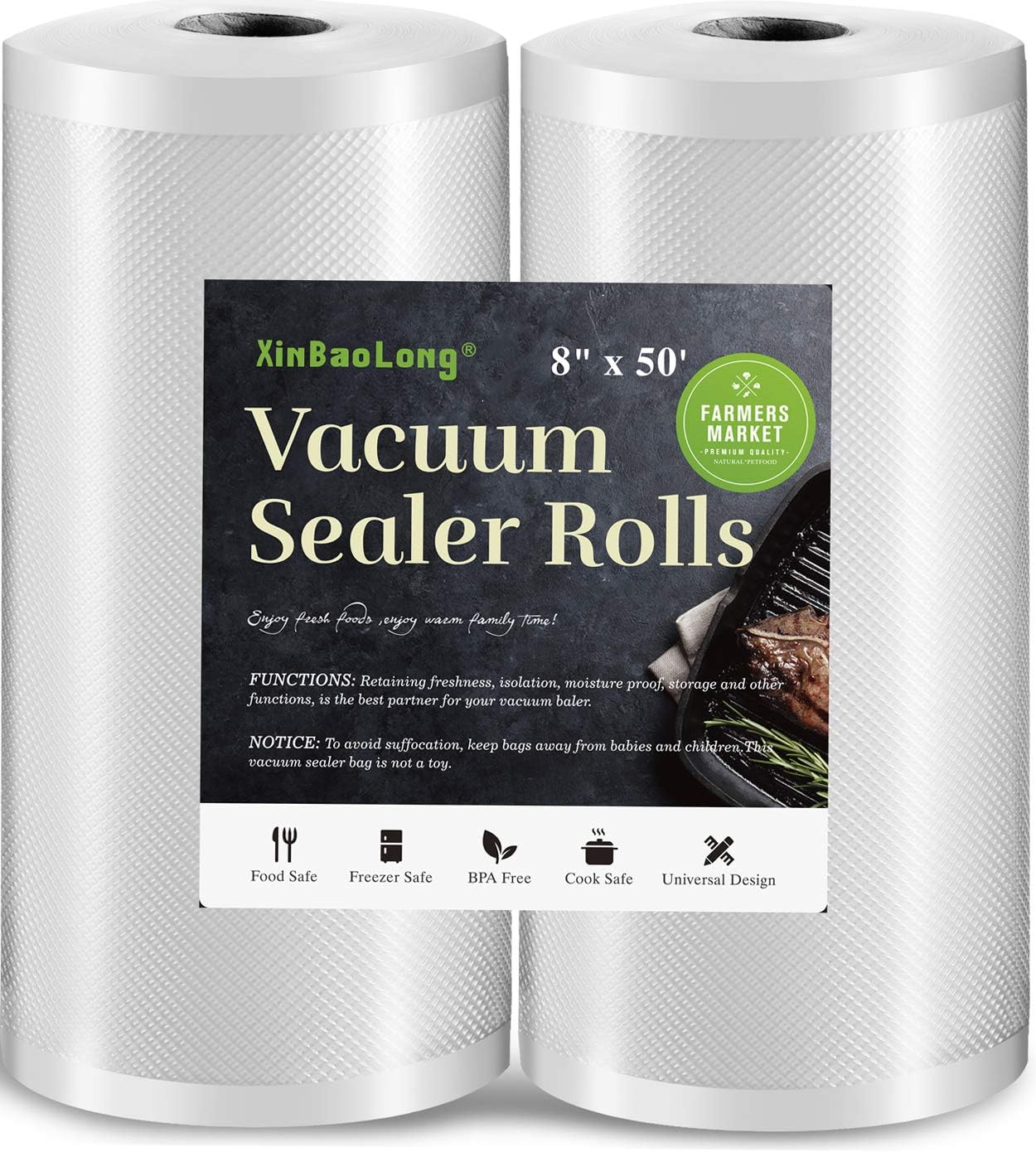 Vacuum Sealer Bags Rolls 8x50 2-Pack Commercial Grade Food Storage