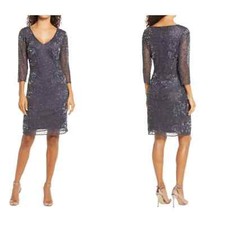Pisarro Nights Slate Blue Beaded V-neck Cocktail Dress Size 6 NWOT 238 MSRP