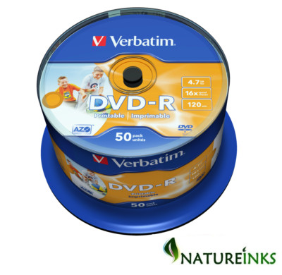50 Verbatim 43533 Rohlinge DVD-R 16x 4,7GB DVD bedruckbare Discs ohne ID Taiwan