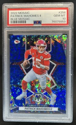 2022 Panini Mosaic Patrick Mahomes II Mosaic No Huddle Blue #/75 Chiefs PSA 10