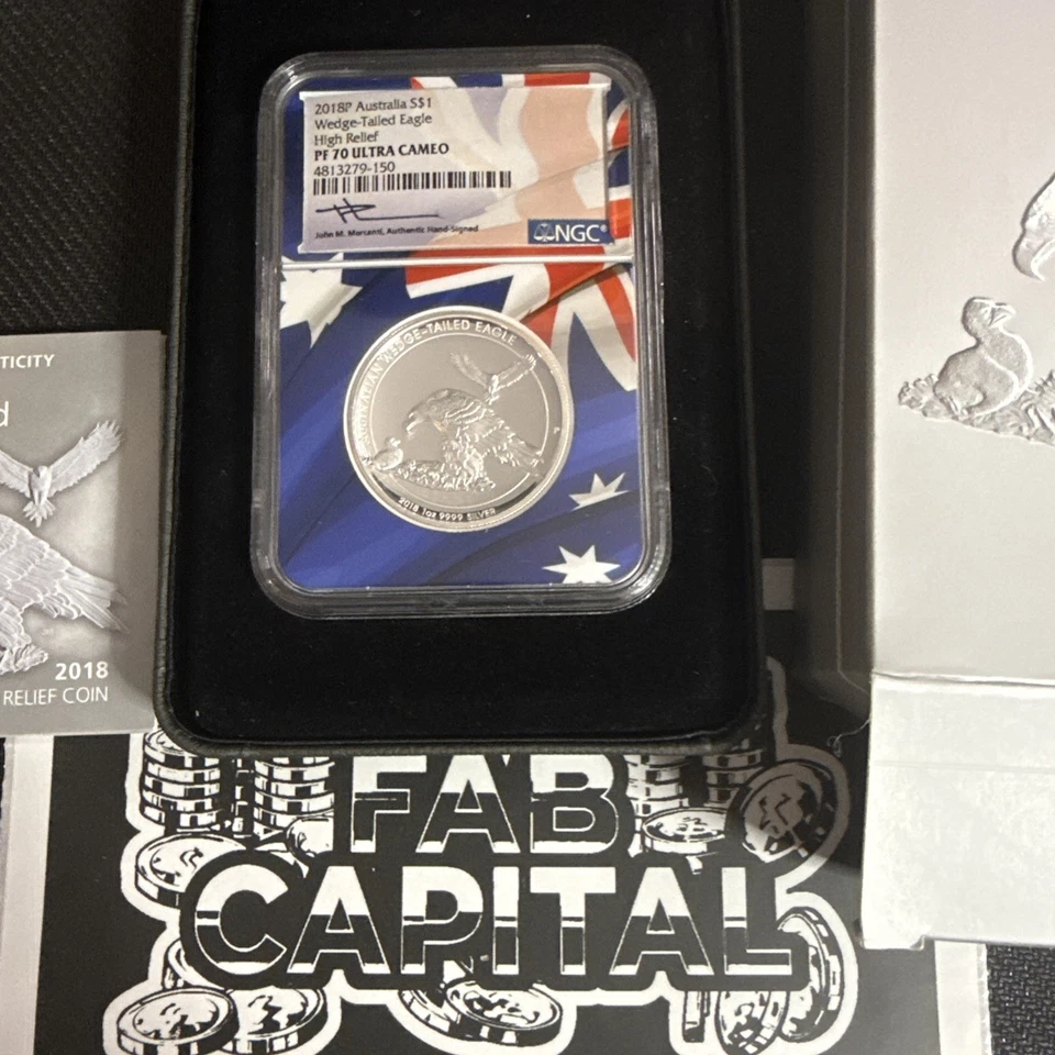 2018P Perth Mint Silver Wedge-Tailed Eagle alto relevo NGC PF70 núcleo da bandeira australiana - Imagem 3 de 4