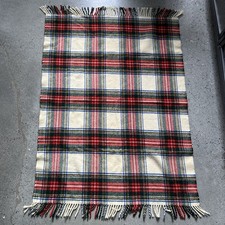 Vtg Plaid Wool Throw Blanket Fringe Cream Red Black Tartan Camp Stadium Cozy
