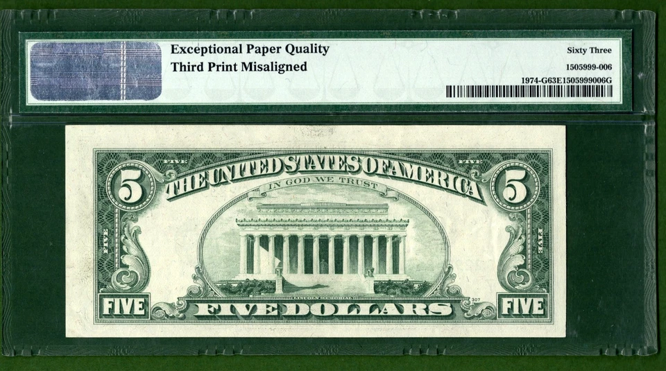 1977  $5   FEDERAL  RESERVE  💸 MISALIGNMENT  ERROR   💸  PMG  63  EPQ - Image 2 of 4