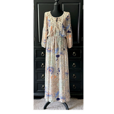 DR2 Floral Colorful Chiffon Crochet Yoke Tie Neck Beach Dress Cover Up Size M