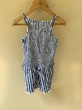 DKNY Toddler Size 4T Shirred Elastic Shortalls Navy Blue Stripe