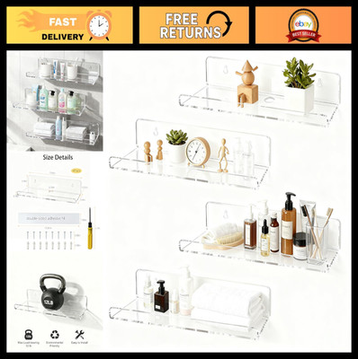 4-Pack Clear Acrylic Floating Shelves - Space-Saving Invisible Wall Storage for