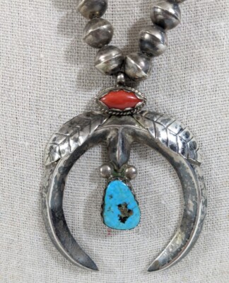 Sandcast Navajo Native American Squash Blossom Necklace - Turquoise And Coral