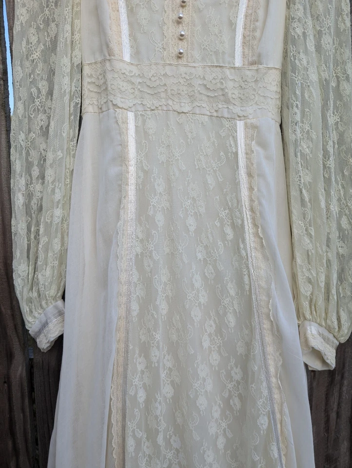 Vtg Women's 70s Ivory Gunne Sax Prairie Maxi Dress 1970s Lace Wedding Dress Sz 7 - Image 3 of 4
