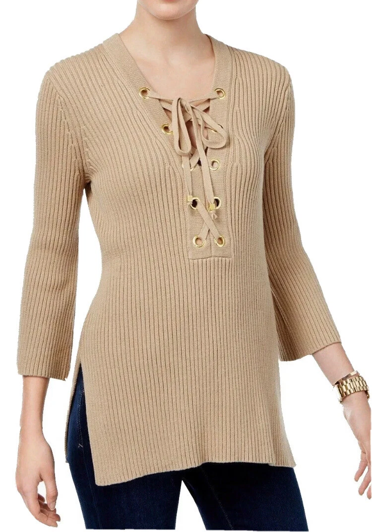 Maglione Michael Kors Donna Lacciata CACHI MARRONE TALPA TAGLIA M 100% cotone $110