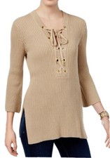 Michael Kors Womens Lace-Up Tunic KHAKI TAUPE BROWN Sweater SZ M 100 cotton 110