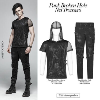 Punk Rock Broken Hole Black Trousers Gothic Male Motocycle Denim Pencil Pants