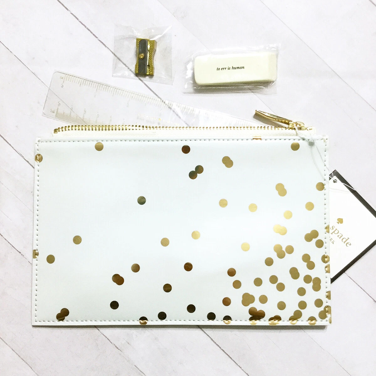 Kate Spade New York Cream with Gold Confetti Pencil Pouch Bag ~ NEW WITH  TAGS