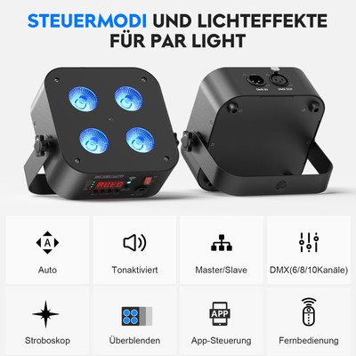 Wiederaufladbar LED Akku Par Scheinwerfer 4 x 27W RGBAW + UV Bühnenlicht DMX APP