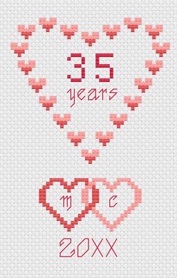 Coral Wedding Hearts Anniversary Cross Stitch Card Kit or Pattern by Florashell