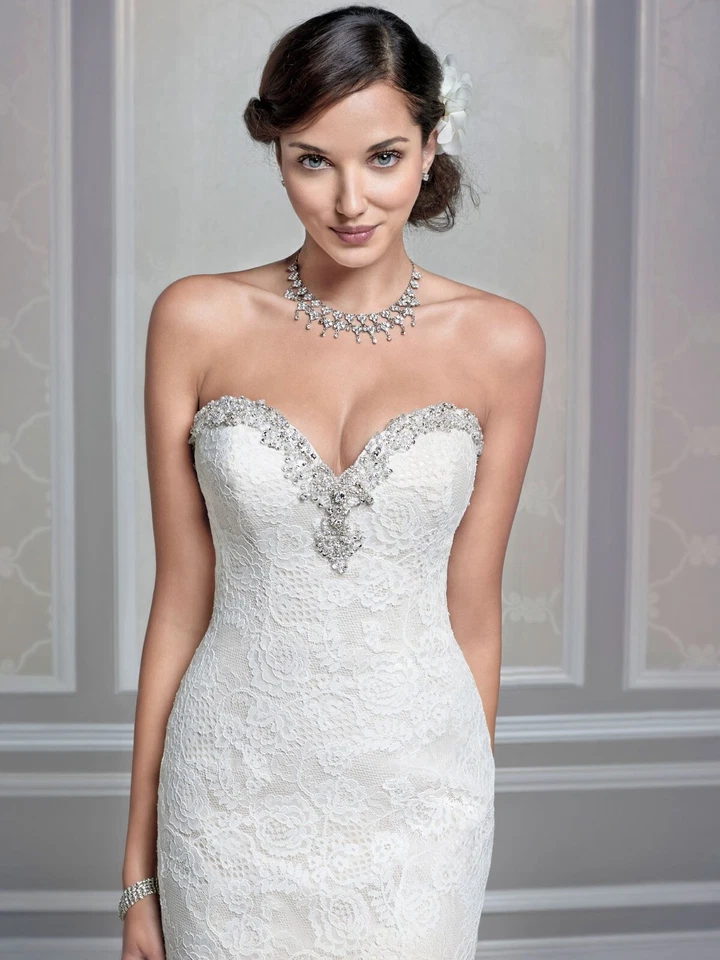 Brautkleid champagne ivory Knopfleiste Boho Vintage Spitze Fit+Flare USA size 10 - Bild 3 von 4