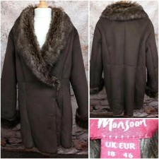 Ladies Monsoon Dark Brown Faux Sheepskin Suede Coat Jacket Fur Lined Size 18