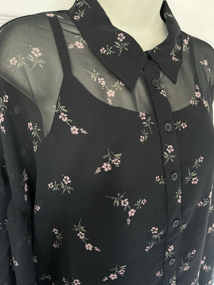 Ladies CAPSULE Black Floral Sheer Long Sleeve Blouse With Cami Size 24