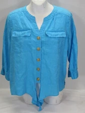 JOHN MARK S [ 40 Bust 25L ] Blue 100% Linen 3/4 Sleeve Collared Button Up Shirt