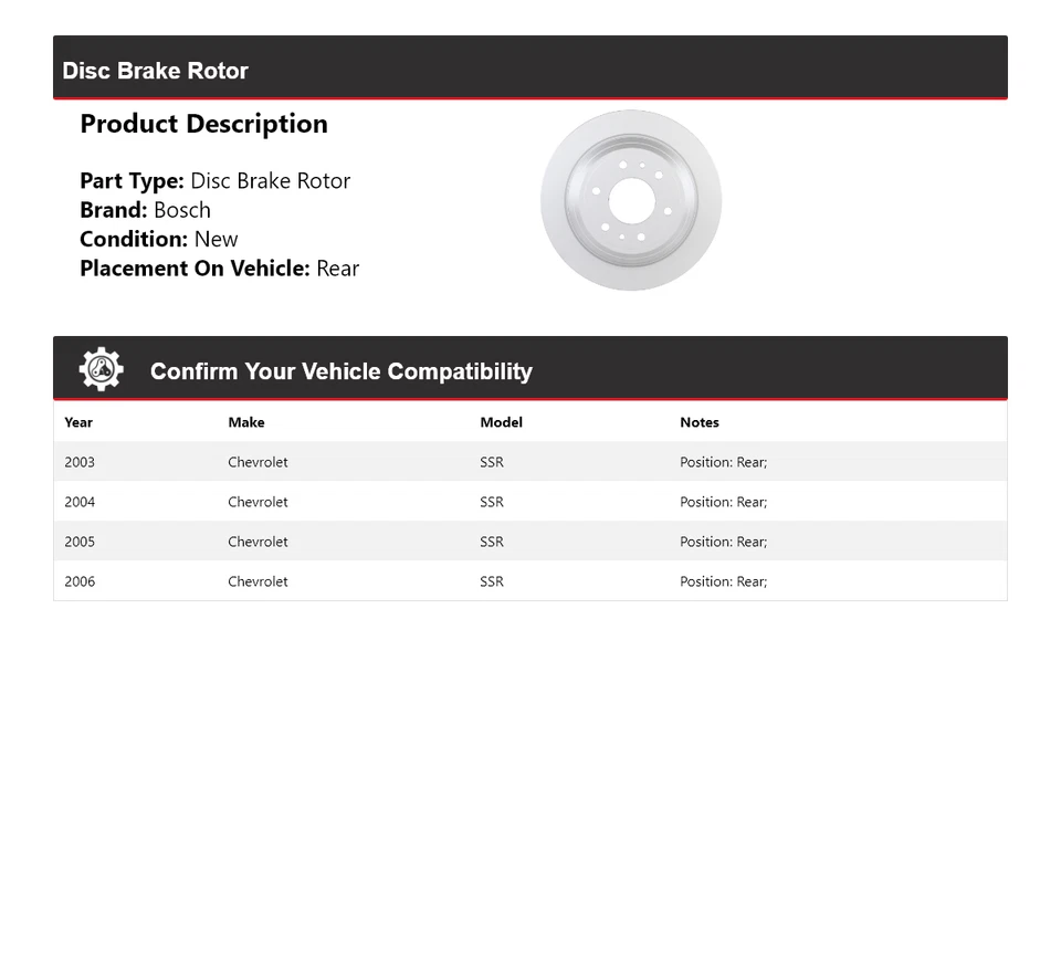 Rotor de freno de disco trasero QuietCast Bosch 2003-2006 Chevrolet SSR Bosch 2004 2005 Foto 2 de 4