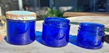Lot Of 3 Vintage Cobalt Blue Glass Jar Round Noxzema 1 W/lid