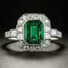 2Ct Smaragd & Künstlicher Diamant Vintage Verlobungsring 14K Vergoldet Silber