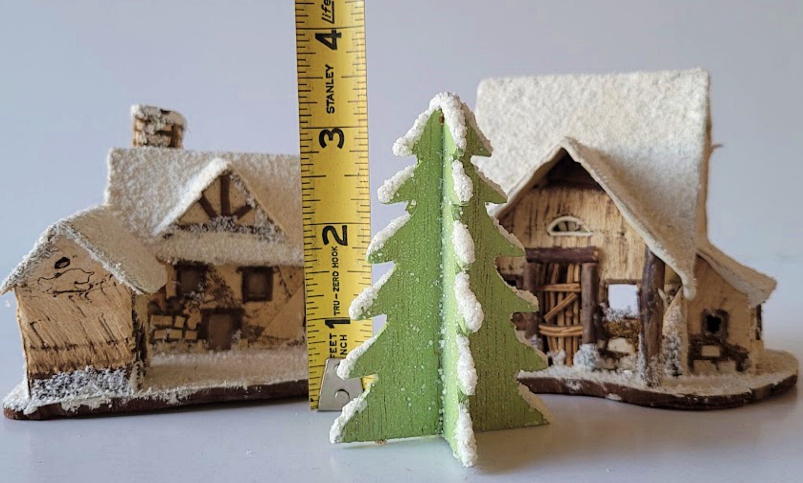 Vintage Christmas Village Birch Wood House Rustic Cabin Tree Mica Snow