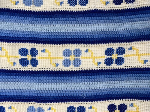 Stunning Handmade Crochet Quilt Throw Blanket Blue Yellow White Afghan Floral - Picture 4 of 8