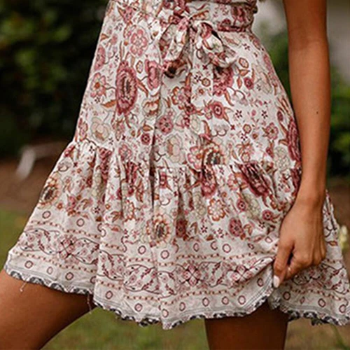 Womens Boho V-Neck Floral Mini Dress Ladies Summer Short Sleeve Beach Sundress - Picture 10 of 25