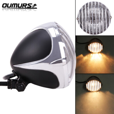 4.7'' Front Headlight Finned Grill Lamp For Harley Chopper Bobber Cafe Racer US