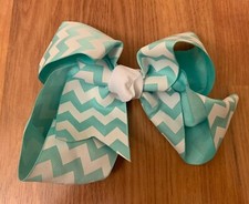 6 Inch White/Teal Chevron Grosgrain Hair Bow French Barrette Backing