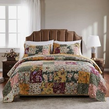 Quilt Set King Patchwork Floral Earth Colors Reversible 5 Piece Cotton Bedding