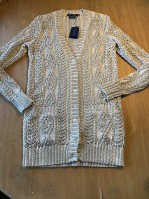 116 NWT Ralph Lauren Blue Label Silver Cabled Long Carriage Sweater S $298 