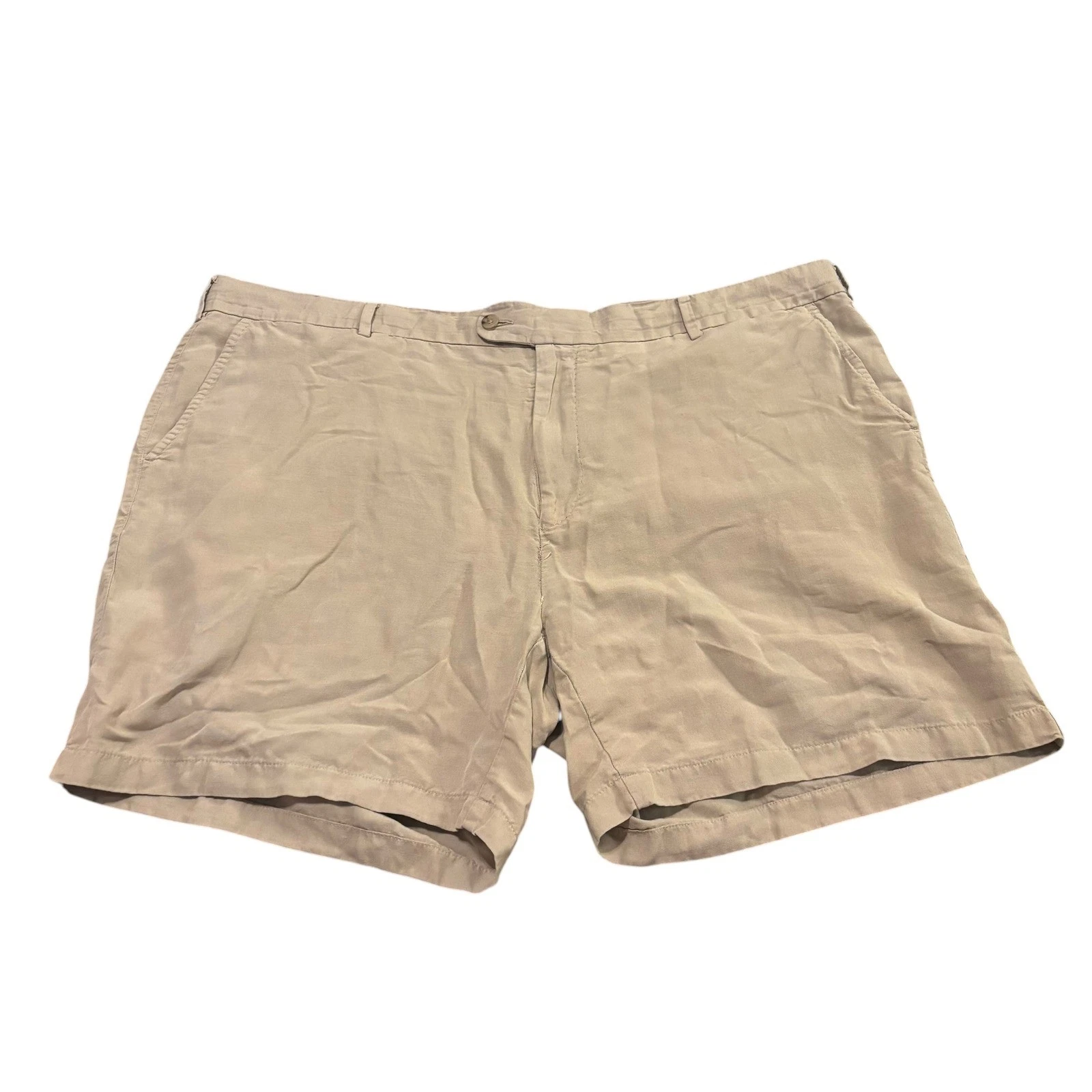 Peter Millar Seaside Collection Men 44x6 Khaki Silk Linen Cotton Shorts Tan Flat