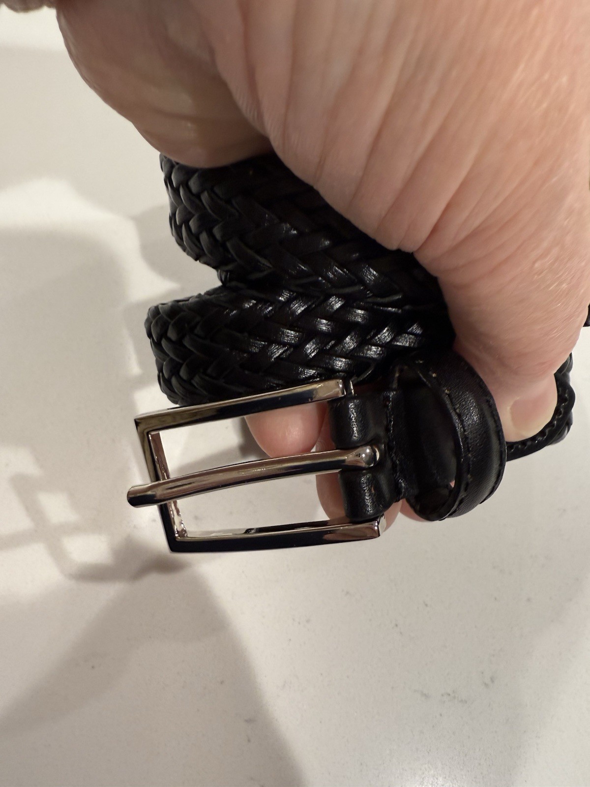 Black Women’s Narrow Braided Leather Belt Silver Colored Buckle EUC Unbranded